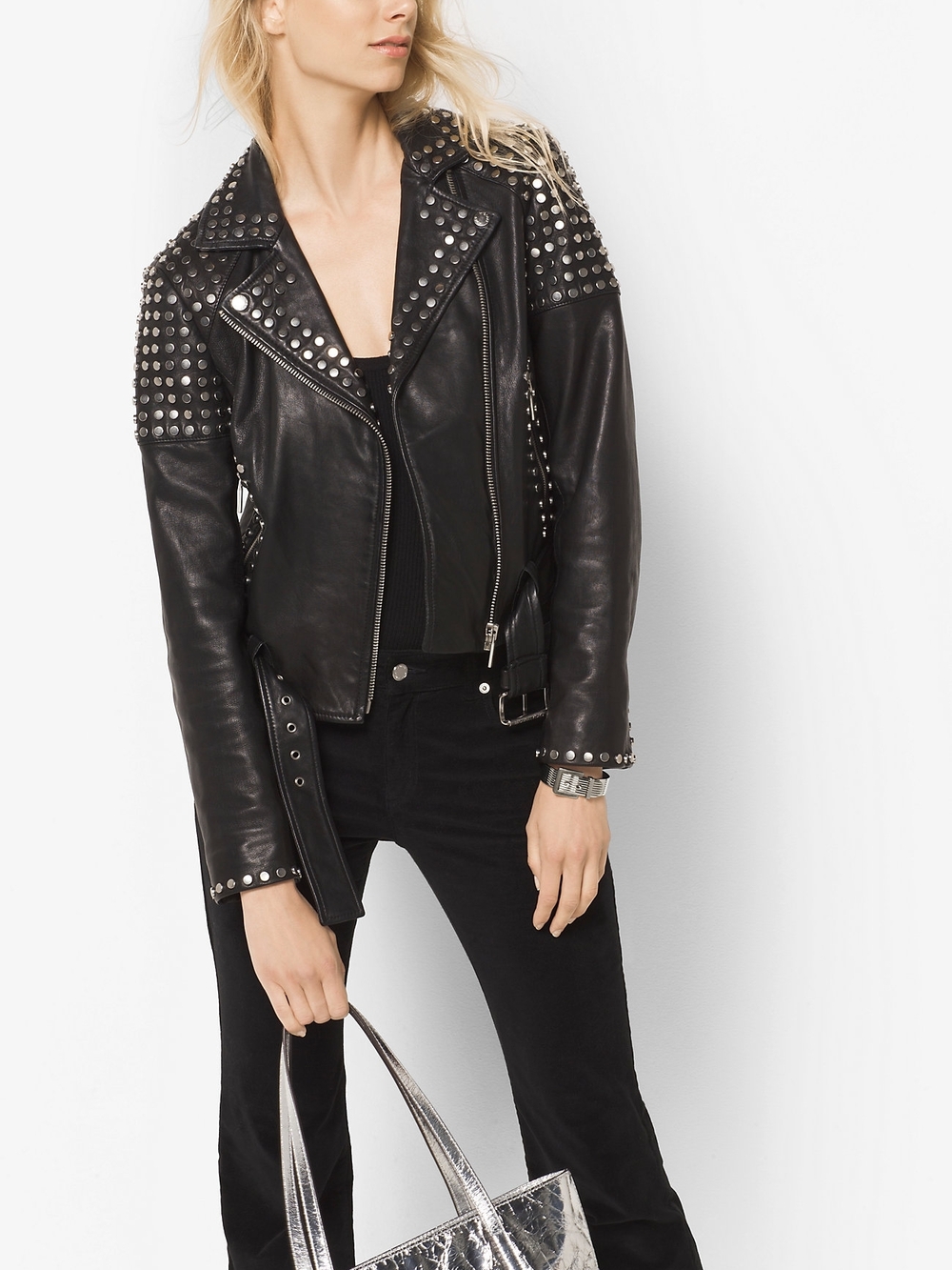 Michael Kors Studded Black Leather Moto Jacket - Women's